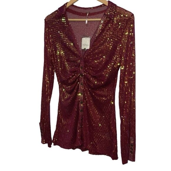 NWT Free People Sequin Shirtee Top Dark Rhubarb red size XS - Picture 5 of 8